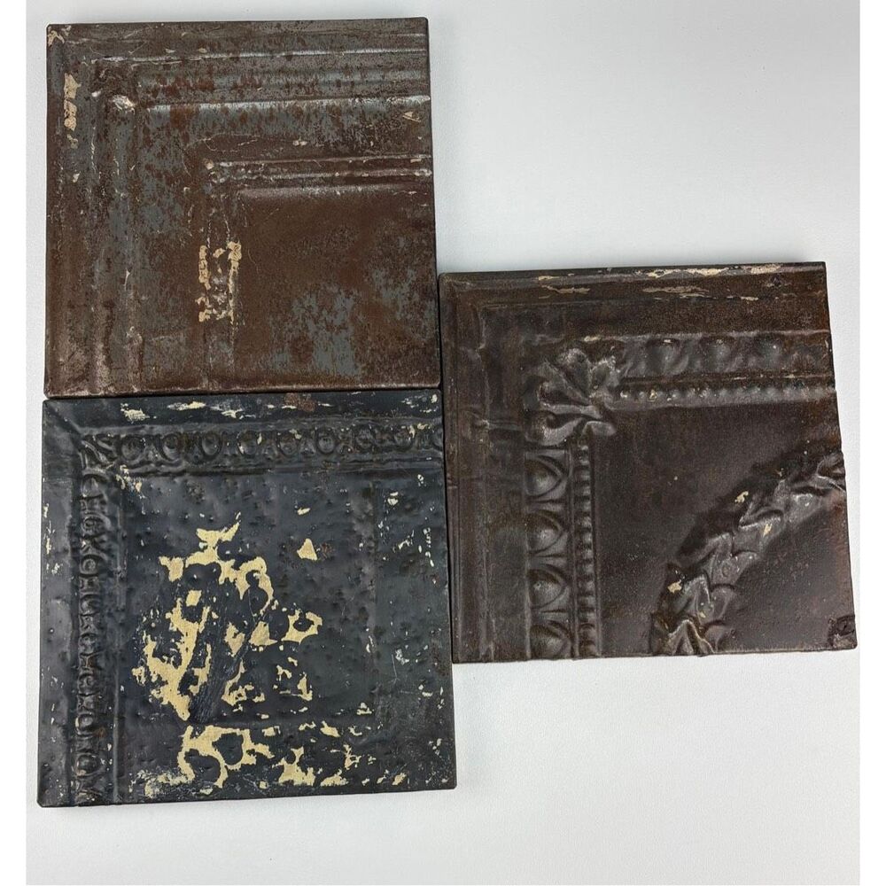 Antique Assorted Lot of 3 Ceiling Tin Metal Panels 11in x 11in